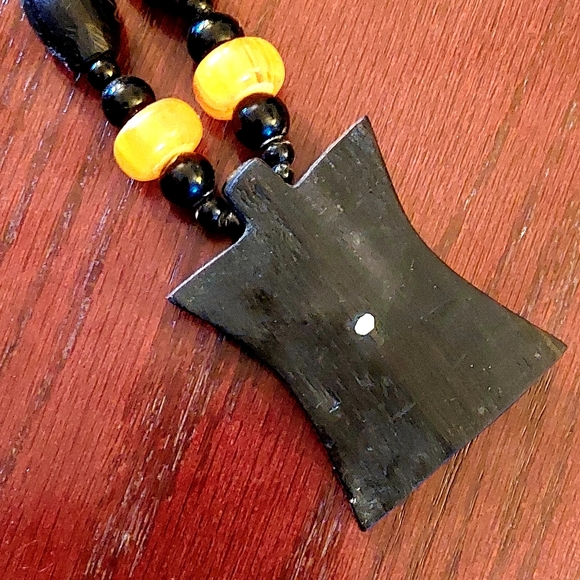 Ebony & brass amulet with glass bead necklace, origin Burkina Faso - Picture 3 of 5